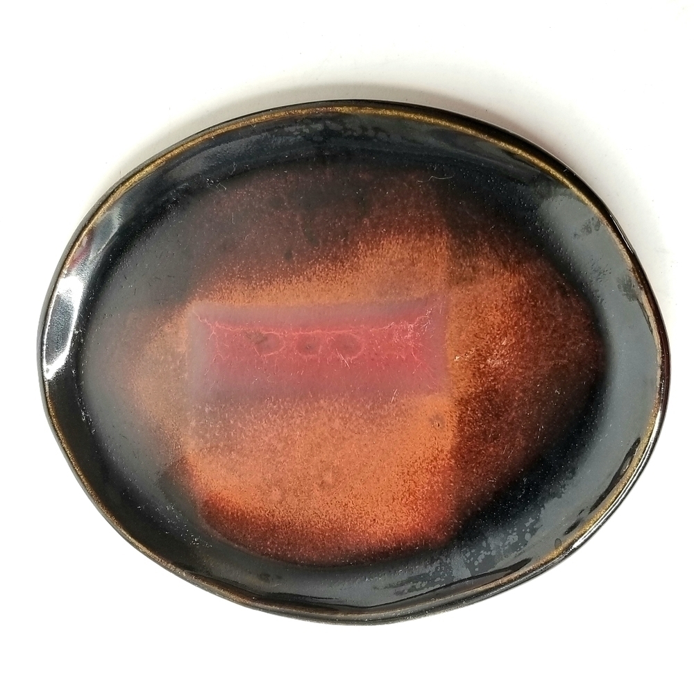 Studio Art Pottery Handmade Black Glazed Oval Footed Platter Dish, Artist signed